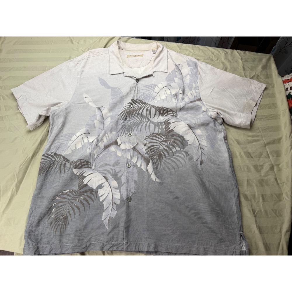Tommy Bahama Mens XXL 100% Silk Ombre Palm Leaf Print Camp Shirt Grey Cream